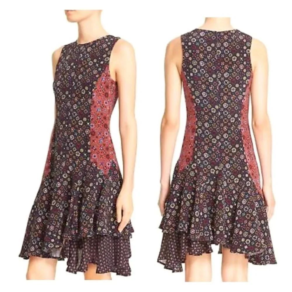 10 Crosby Derek Lam Silk Multi Print Floral Tiered Design Dress Feminine Dress